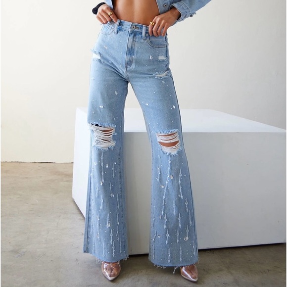 Rhinestone Wide Leg Jeans - Picture 2 of 11